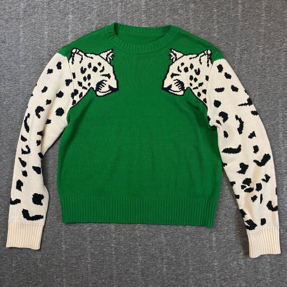 Leopard Print Green Sweater‎ Women's XL Crewneck Soft Acrylic Knit Long Sleeves